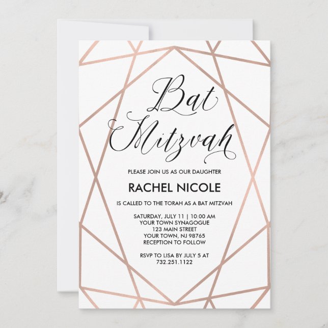 Invitation Blanc et Faux Rose Gold Géométrique | Bat mitzvah (Devant)