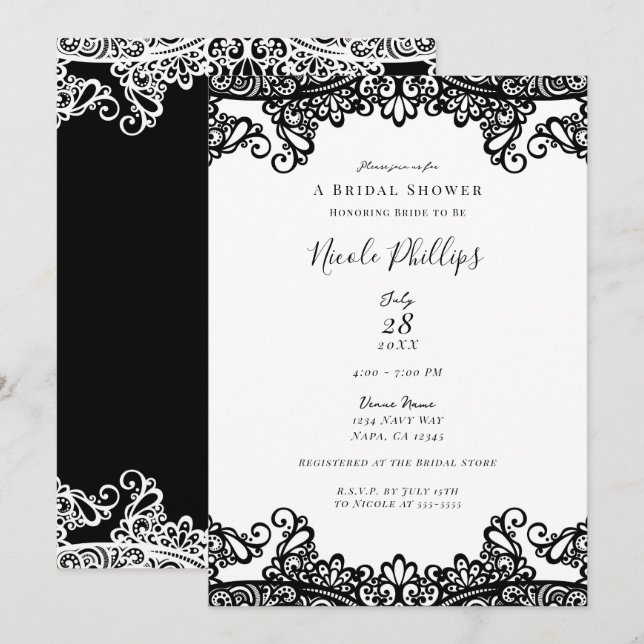 Invitation Blanc et noir dentelle élégant chic douche de mari (Devant / Derrière)
