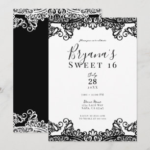 Invitation Blanc et noir dentelle élégant fête Sweet 16