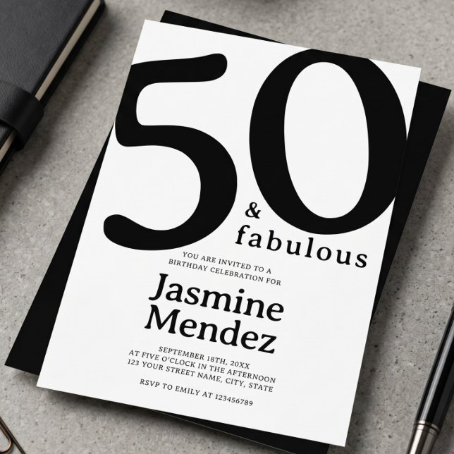 Invitation Blanc Et Noir Élégant 50 & Fabuleux Anniversaire  (Créateur téléchargé)