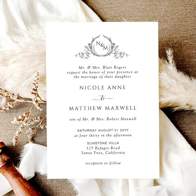 Invitation Blanc et noir, élégant monogramme de mariage forme (Créateur téléchargé)
