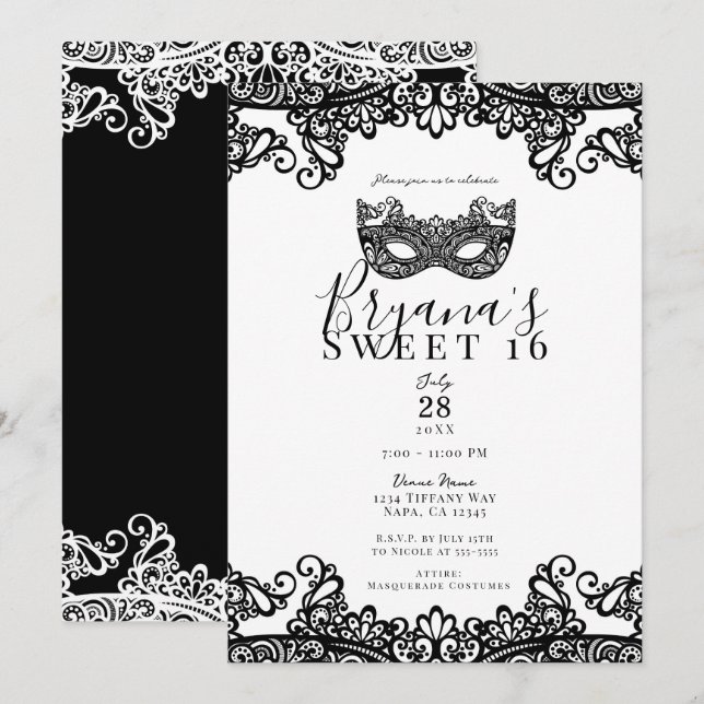 Invitation Blanc et noir Soirée masquée pour un Sweet 16 (Devant / Derrière)