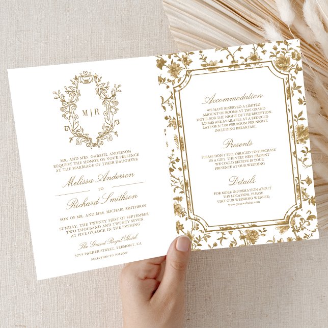 Invitation Blanc et Or Crête de Chinoiserie Code QR de Mariag (Créateur téléchargé)