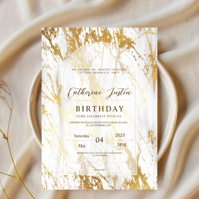 Invitation blanc et or élégant luxe chic fête en marbre (Créateur téléchargé)