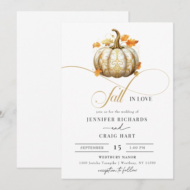 Invitation Blanc et or floral | Mariage de automne citrouille (Devant / Derrière)