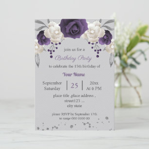 Invitation blanc et pourpre poussiéreux fleurs gris anniversa