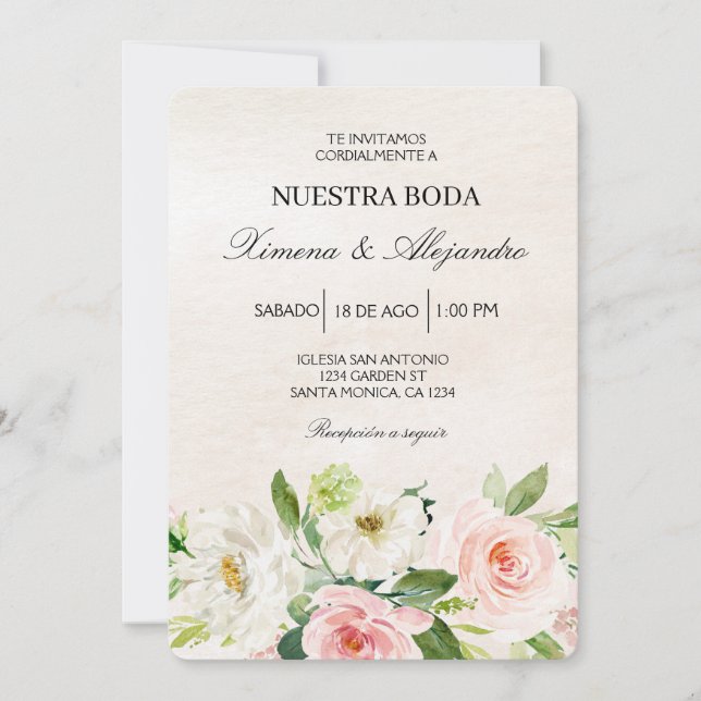 Invitation Blanc et rose Floral Mariage espagnol beige (Devant)