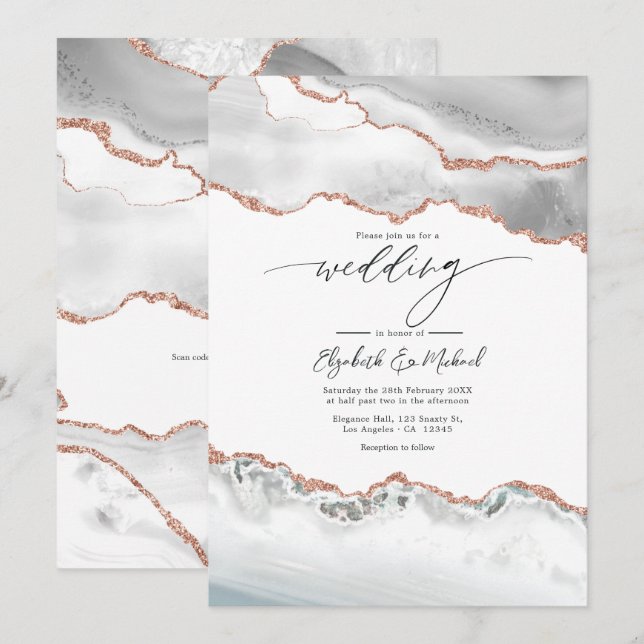 Invitation Blanc et Rose Gold Agate Mariage QR Code (Devant / Derrière)