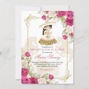 Invitation Blanc et Rose Gold Mexicaine fille Floral 3 Anos