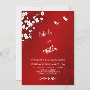 Invitation Blanc Fleur de Cerisier Rouge Mariage Décontract