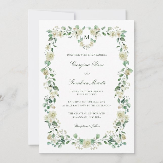 Invitation Blanc Floral Aquarelle Crest & Monogram Mariage (Devant)