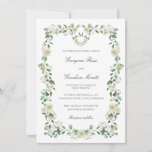 Invitation Blanc Floral Aquarelle Crest & Monogram Mariage