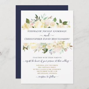 Invitation Blanc Floral Aquarelle Marine Bleu Mariage officie