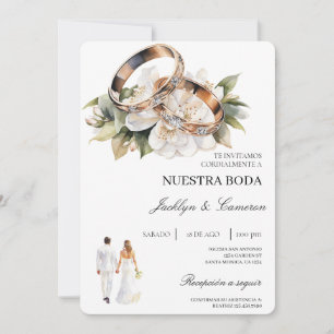 Invitation Blanc Floral avec alliance Mariage Espagnol