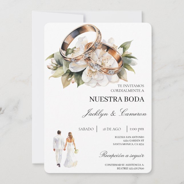 Invitation Blanc Floral avec alliance Mariage Espagnol (Devant)