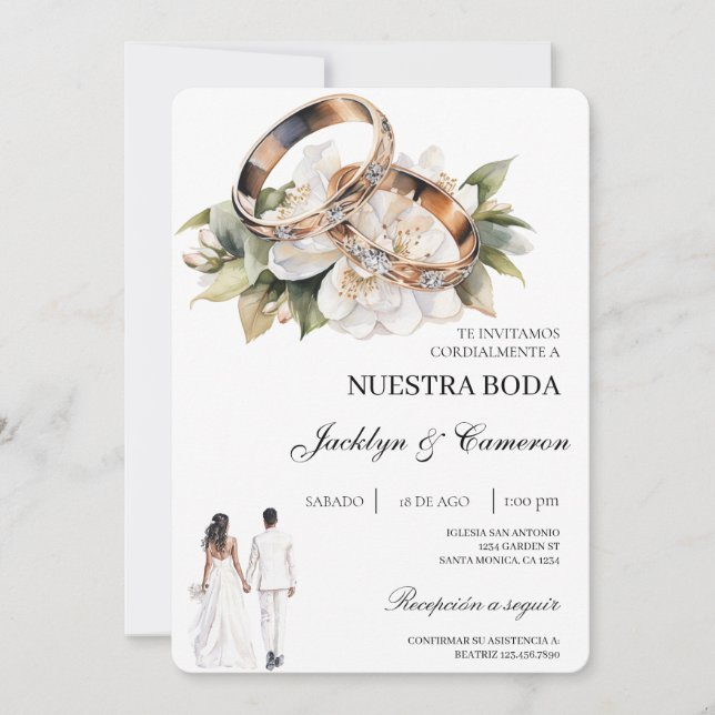 Invitation Blanc Floral avec alliance Mariage Espagnol (Devant)