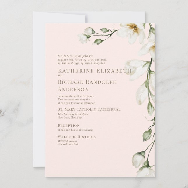 Invitation Blanc floral Blush & Mariage or (Devant)