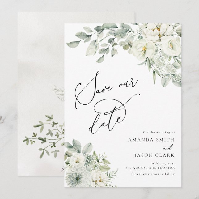 Invitation Blanc Floral Élégant Boho Sauvez La Date (Devant / Derrière)