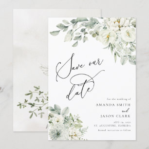 Invitation Blanc Floral Élégant Boho Sauvez La Date