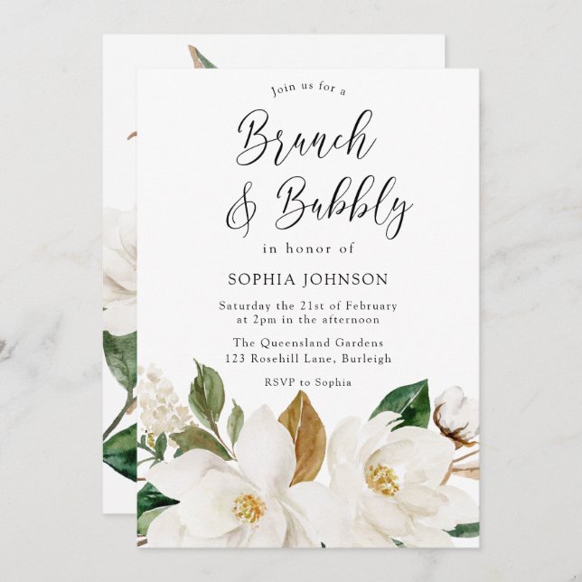 Invitation Blanc Floral Elégant Brunch & Fête des mariées Bub (Devant / Derrière)
