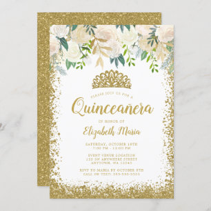 Invitation Blanc Floral Faux Gold Parties scintillant Tiara Q
