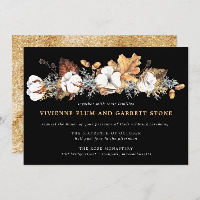 Invitation Blanc Floral Gold Automne Feuilles Mariage (Devant / Derrière)