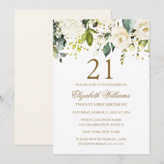Invitation Blanc Floral Gold Confetti 21e anniversaire (Devant / Derrière)