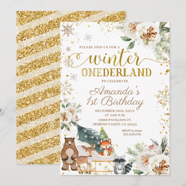 Invitation Blanc Floral Hiver Onederland Anniversaire (Devant / Derrière)