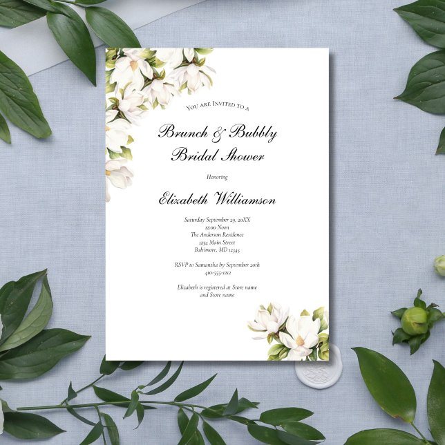 Invitation Blanc Floral Magnolia Bridal Brunch Bubbly Douche (White Magnolia Floral Elegant Bridal Shower invitation, Printed or Instant digital download)
