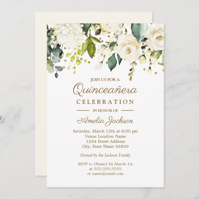 Invitation Blanc Floral Or Confetti Quinceanera 15e (Devant / Derrière)
