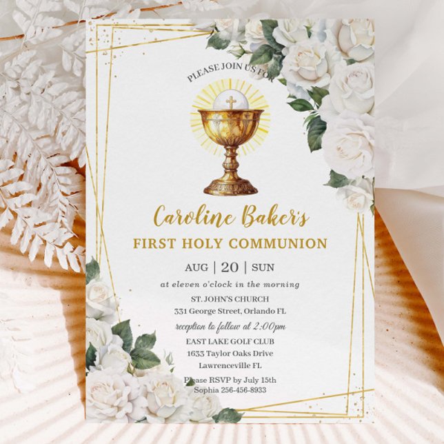 Invitation Blanc Floral Première Sainte Communion Chalice Or (Créateur téléchargé)