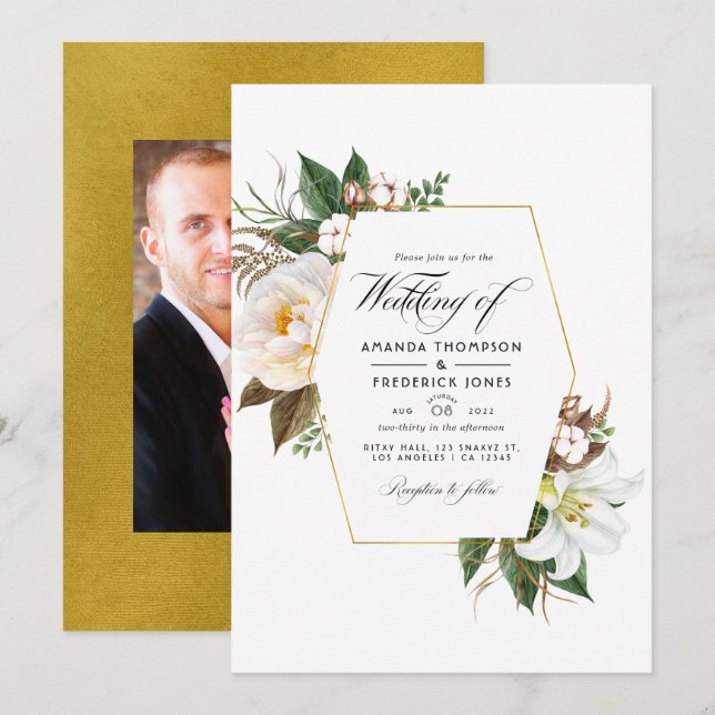 Invitation Blanc Floral Rustic Grange Mariage campagnard phot (Devant / Derrière)