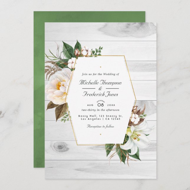 Invitation Blanc Floral Rustic Grange Pays Code QR Mariage (Devant / Derrière)