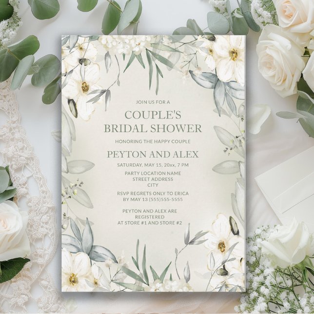 Invitation Blanc Floral Sage Green Couple Fête des mariées (White flowers and sage green leaves couple's bridal shower invitation)