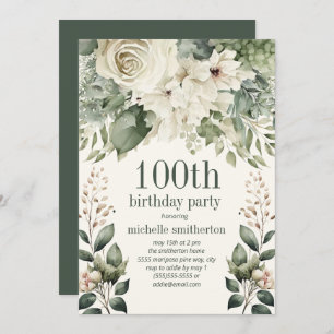Invitation Blanc Floral Sage Vert Feuilles 100e anniversaire