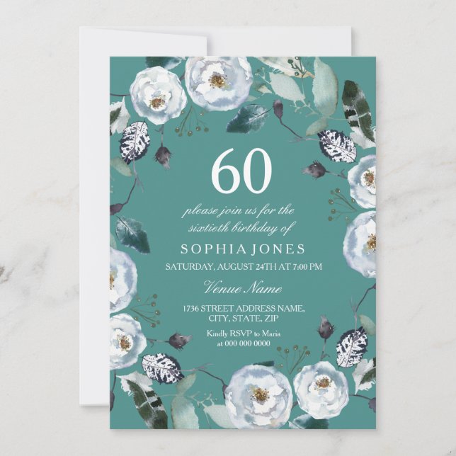 Invitation Blanc Floral Turquoise Vert 60e anniversaire Invit (Devant)