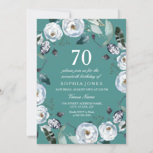 Invitation Blanc Floral Turquoise Vert 70e anniversaire Invit