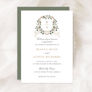 Invitation Blanc Floral vert Ivy Monogram Crest Mariage