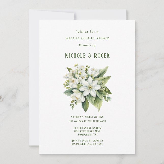 Invitation Blanc Floral Vert Peint Mariage Couples Douche Cou (Devant)