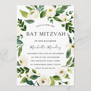 Invitation Blanc Floral vert Wreath Bat mitzvah moderne