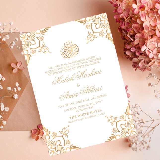 Invitation Blanc Gold Oriental Design Mariage musulman islami (Créateur téléchargé)