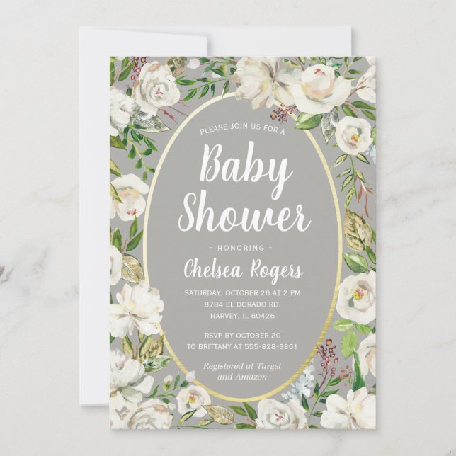 Invitation Blanc Gris Floral Genre Neutre Baby shower Chic (Devant)