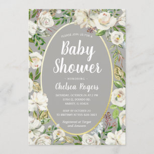 Invitation Blanc Gris Floral Genre Neutre Baby shower Chic