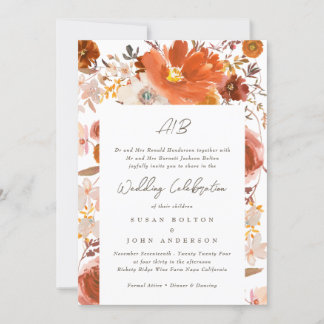 Invitation Blanc Gris Terracotta Monogramme Frontière florale