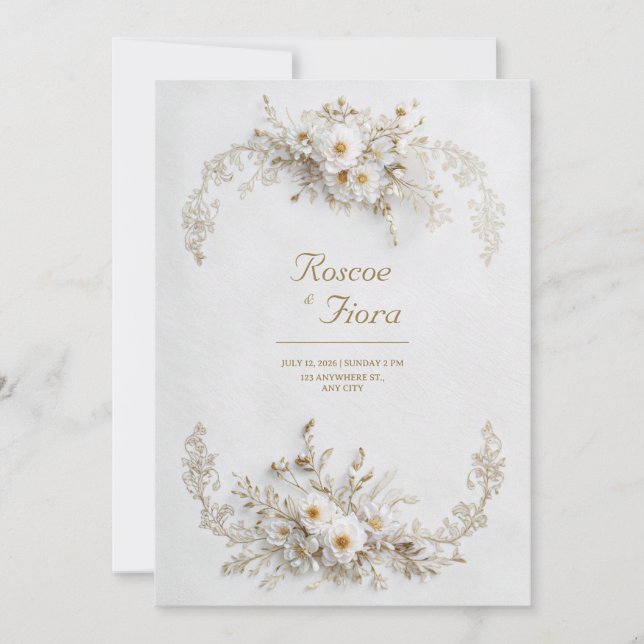 Invitation Blanc Impeccable Floral Vigne Dorée Élégant Mariag (Devant)