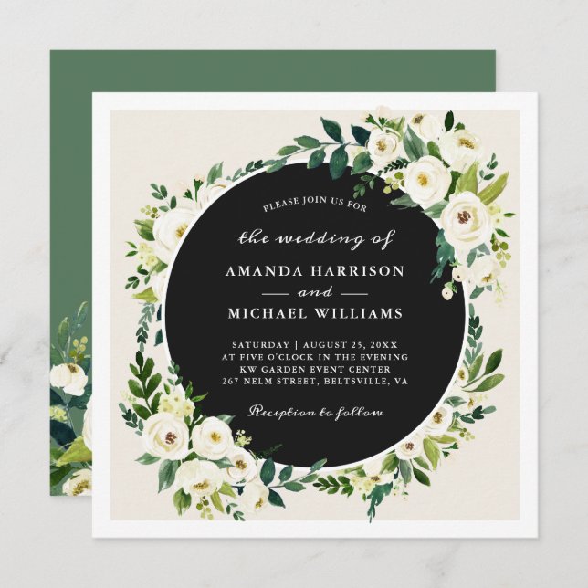 Invitation Blanc ivoire vert Mariage Carré Floral (Devant / Derrière)