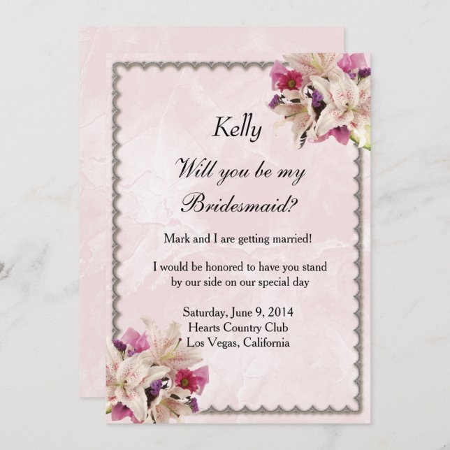 Invitation Blanc Lily Floral Marbre rose Mariage Bridesmaid (Devant / Derrière)
