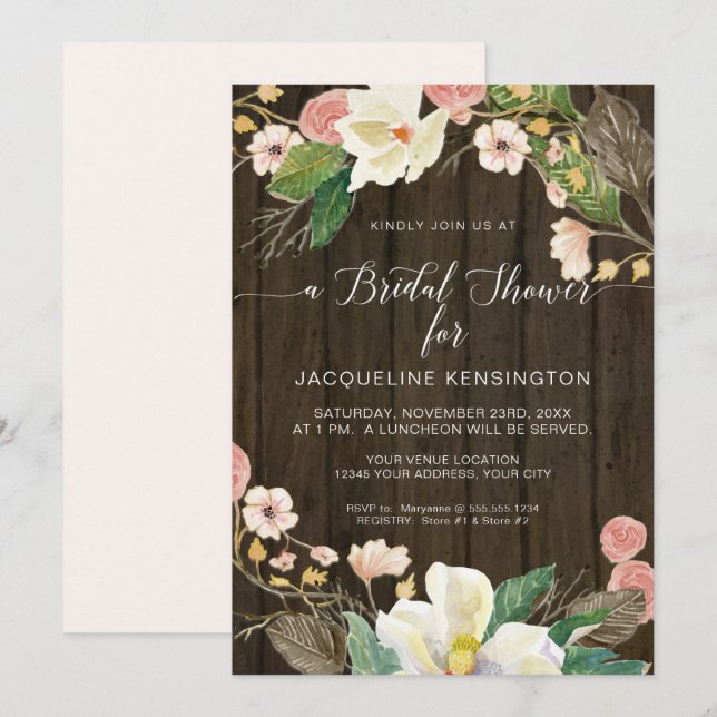 Invitation Blanc Magnolia Blush Floral Rustique Grange Bois (Devant / Derrière)