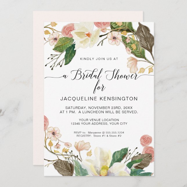 Invitation Blanc Magnolia Blush Rose Floral Twig n Folig (Devant / Derrière)