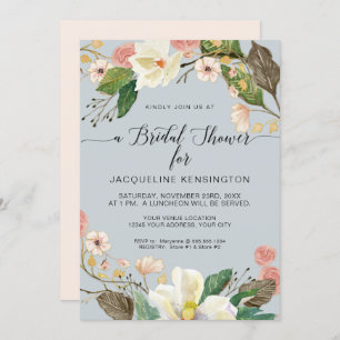 Invitation Blanc Magnolia Dusty bleu rose floral brindille fe